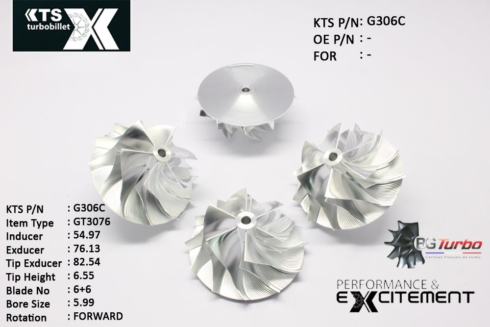 Turbo ROUE FORGÉE MFS PERFORMANCE - 6+6 PALES - INDUCER : 54,97 - EXDUCER : 76,13 - TYPE : GT3076ANGLE : 65° - ROTATION : Forward - SUPER BACK : 2,36 - BORE SIZE : 5,99
